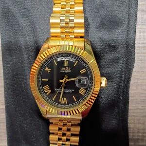 Gold and Black Watch with Day-Date Display